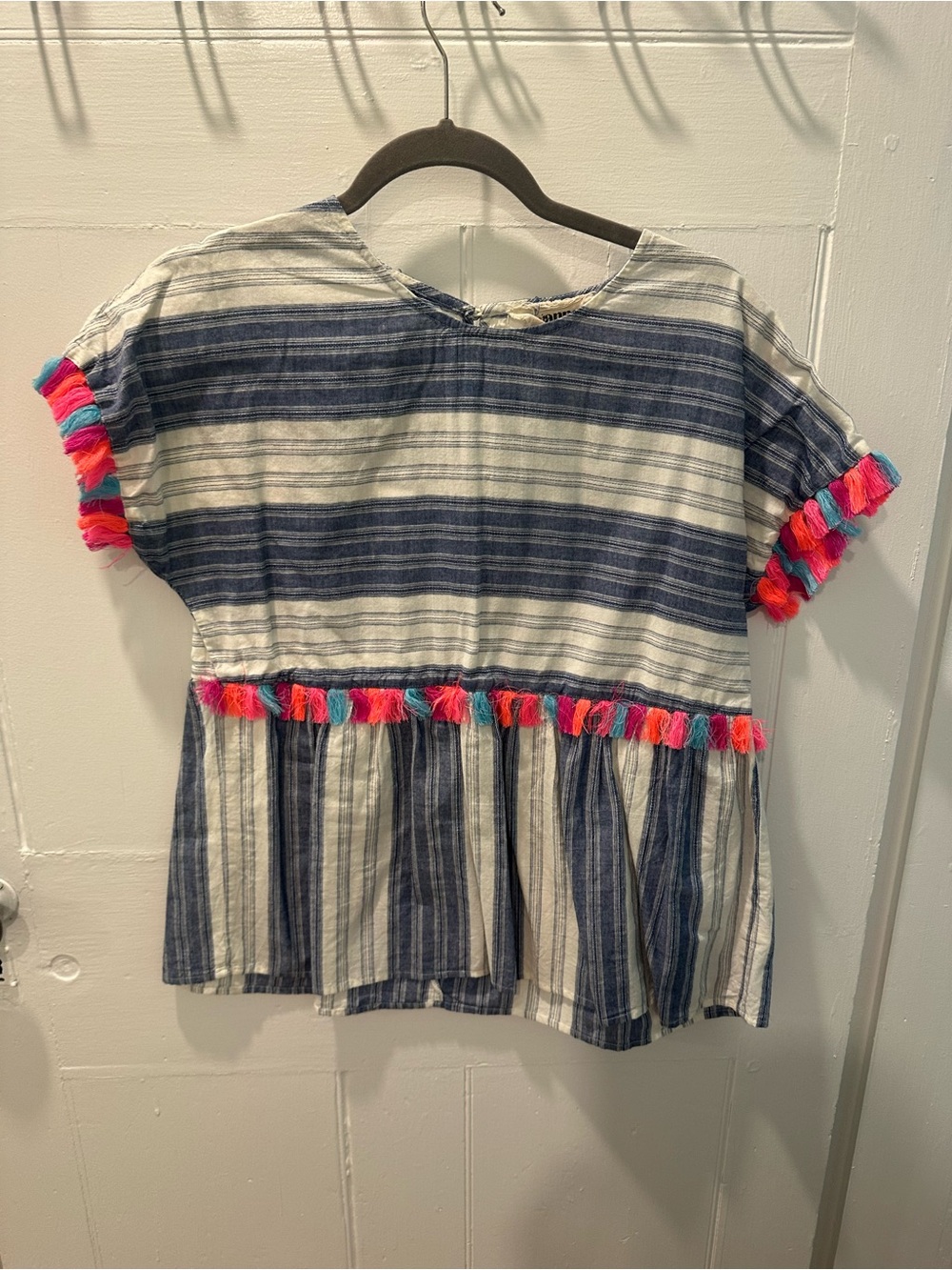 Savanna Jane Navy & White Striped Peplum Top with Pink, Red & Turquoise Tassels